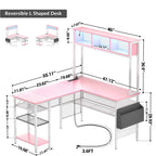 Rustic Brown / White / Pink / Black / Grey Oak L-Shaped Gaming Desk with RGB LED, Power Strip and Storage for 1 Person