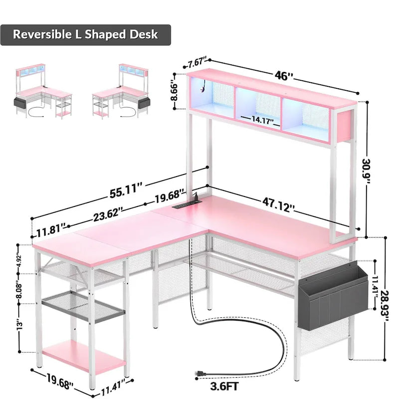 Rustic Brown / White / Pink / Black / Grey Oak L-Shaped Gaming Desk with RGB LED, Power Strip and Storage for 1 Person