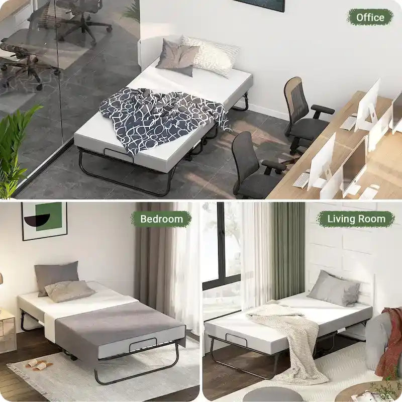 Grey Black Steel Rollaway Folding Guest Bed with 5" Memory Foam Mattress and Wheels for 1 Person