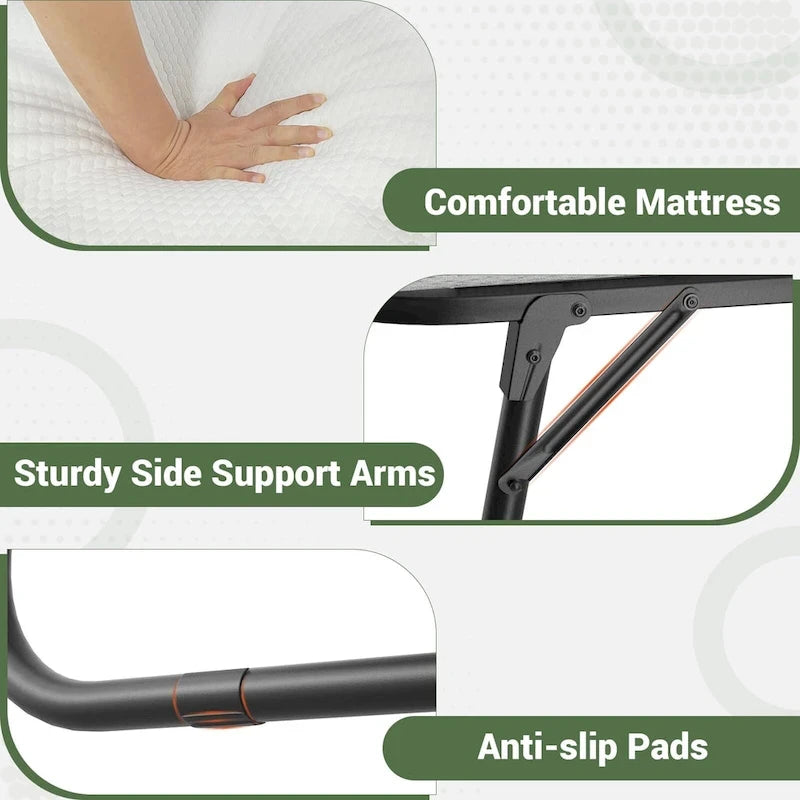 Grey Black Steel Rollaway Folding Guest Bed with 5" Memory Foam Mattress and Wheels for 1 Person