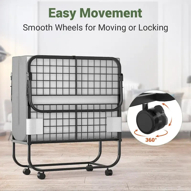 Grey Black Steel Rollaway Folding Guest Bed with 5" Memory Foam Mattress and Wheels for 1 Person