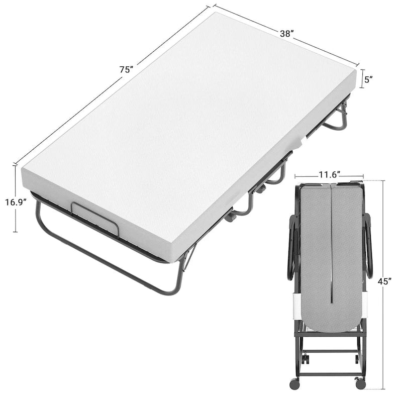 Grey Black Steel Rollaway Folding Guest Bed with 5" Memory Foam Mattress and Wheels for 1 Person