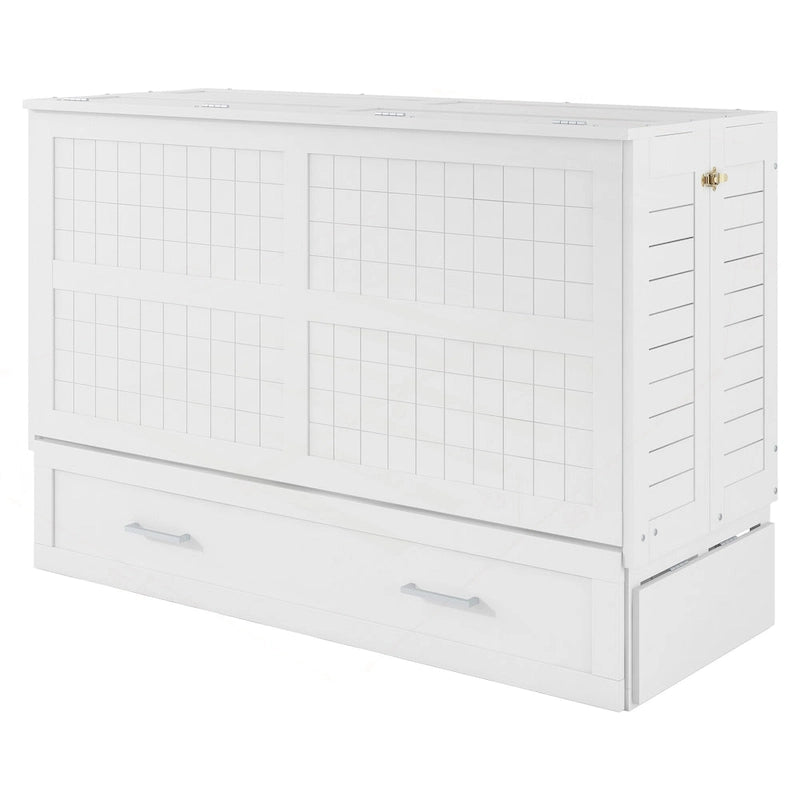White Queen Size Wall Murphy Bed with Drawer and Side Shelves for 1–2 Person