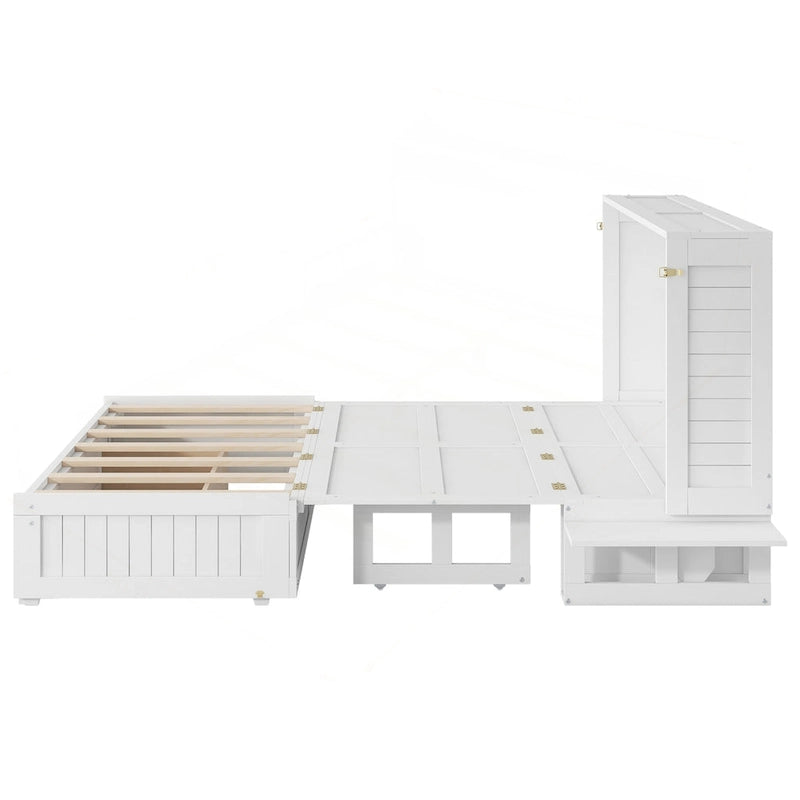 White Queen Size Wall Murphy Bed with Drawer and Side Shelves for 1–2 Person