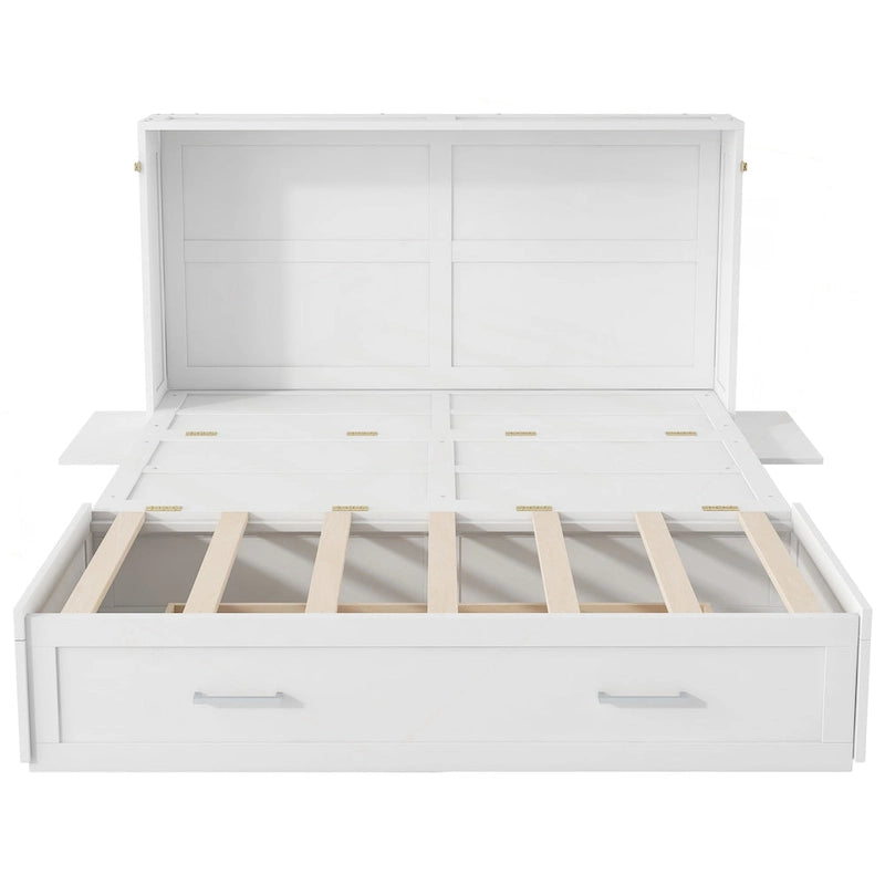 White Queen Size Wall Murphy Bed with Drawer and Side Shelves for 1–2 Person
