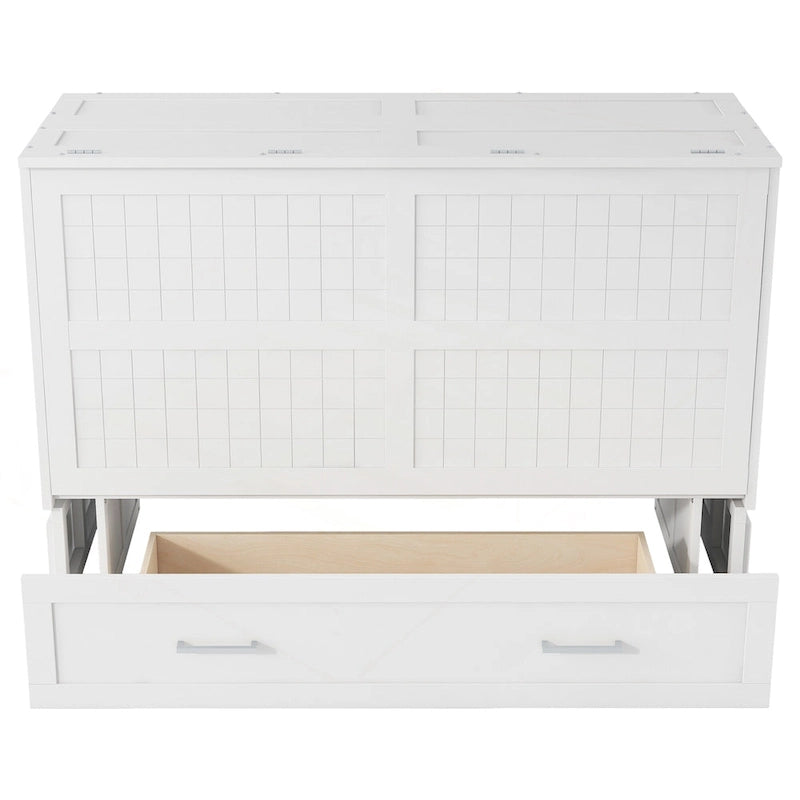 White Queen Size Wall Murphy Bed with Drawer and Side Shelves for 1–2 Person