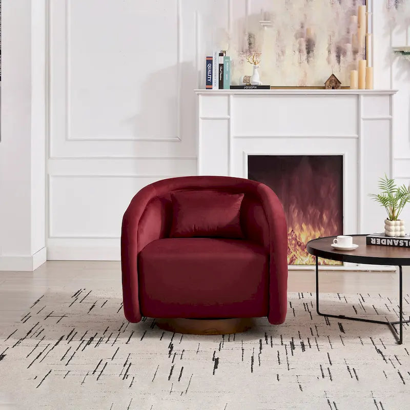 Wine Red / White Velvet Pumpkin-Shape 360° Swivel Barrel Accent Chair for 1 Person