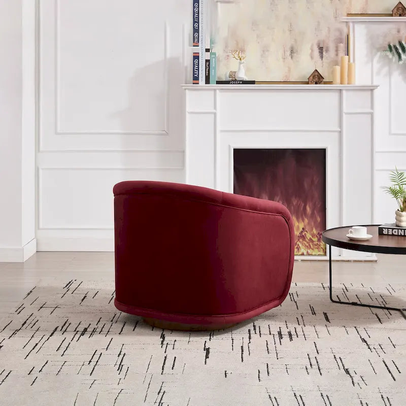 Wine Red / White Velvet Pumpkin-Shape 360° Swivel Barrel Accent Chair for 1 Person