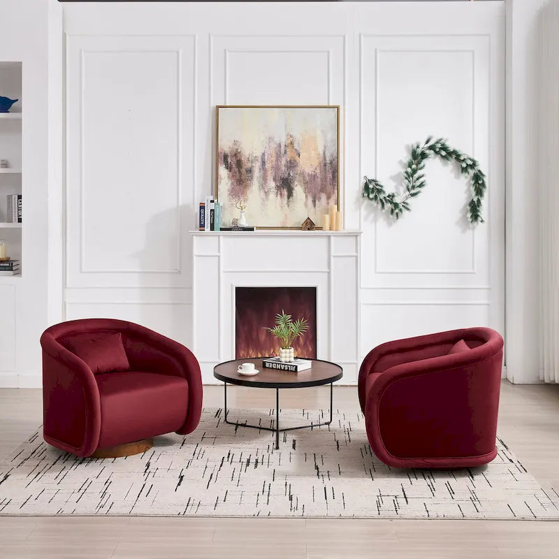 Wine Red / White Velvet Pumpkin-Shape 360° Swivel Barrel Accent Chair for 1 Person