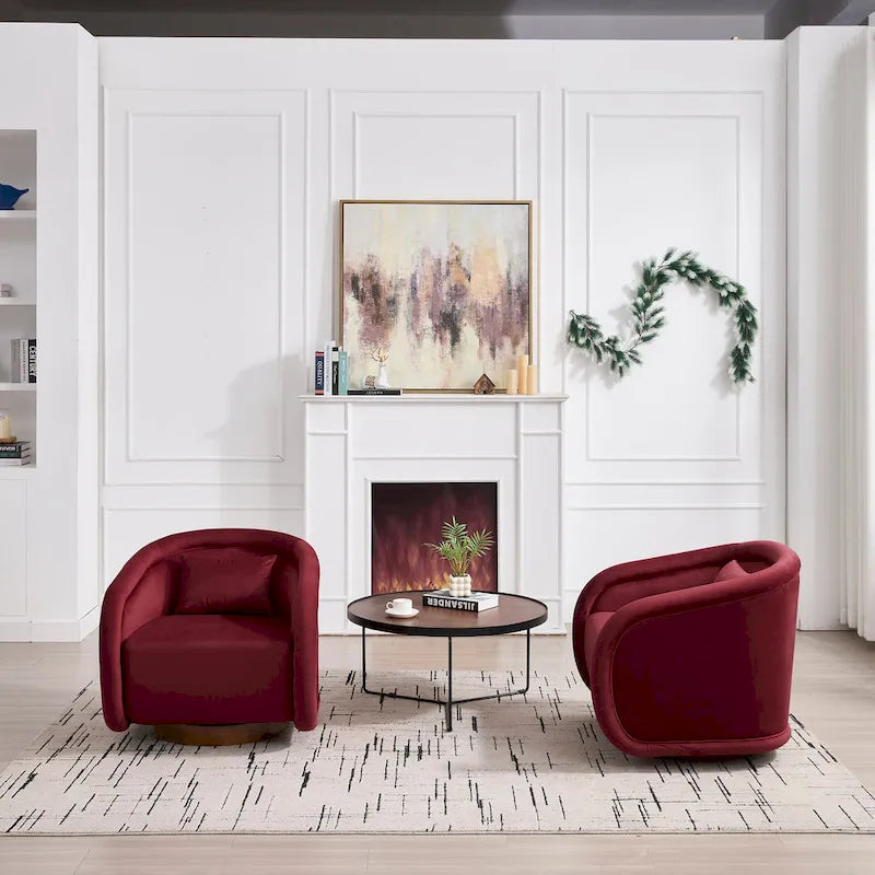 Wine Red / White Velvet Pumpkin-Shape 360° Swivel Barrel Accent Chair for 1 Person