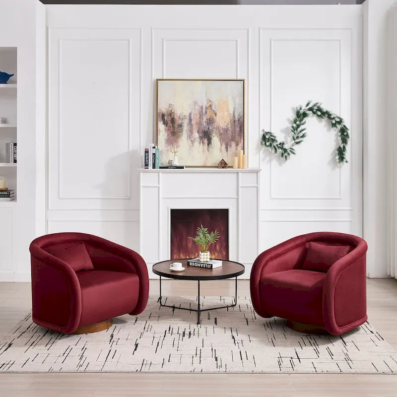 Wine Red / White Velvet Pumpkin-Shape 360° Swivel Barrel Accent Chair for 1 Person
