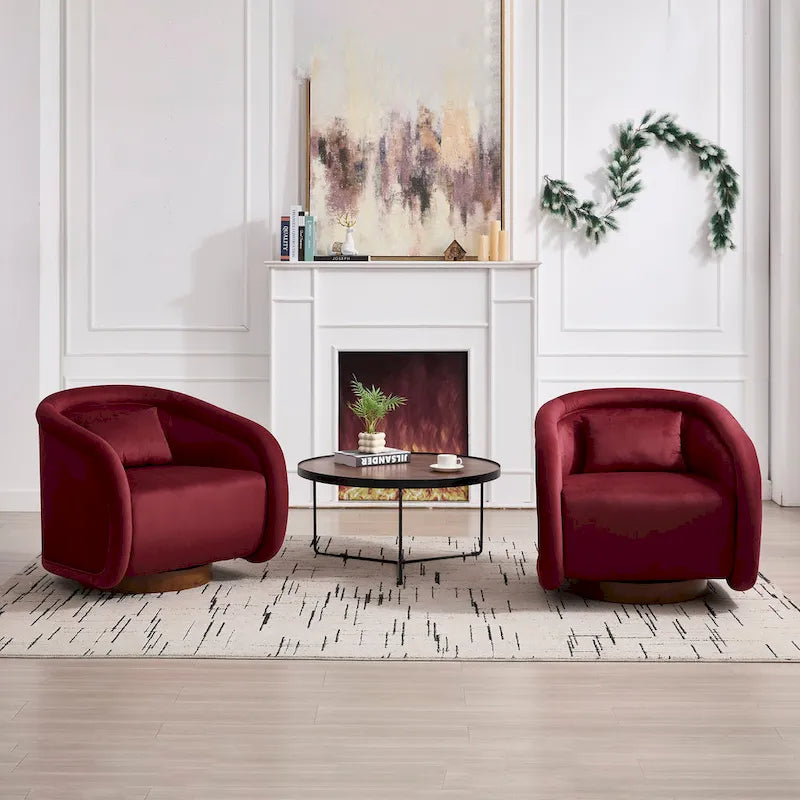 Wine Red / White Velvet Pumpkin-Shape 360° Swivel Barrel Accent Chair for 1 Person