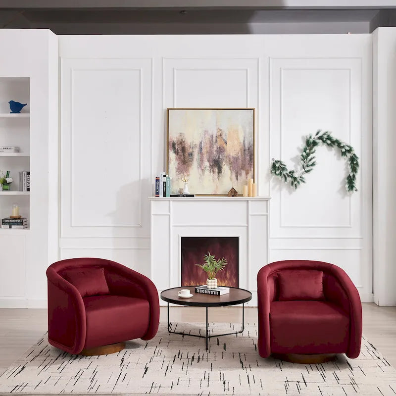 Wine Red / White Velvet Pumpkin-Shape 360° Swivel Barrel Accent Chair for 1 Person