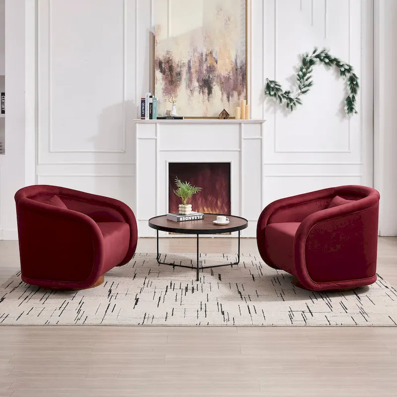 Wine Red / White Velvet Pumpkin-Shape 360° Swivel Barrel Accent Chair for 1 Person
