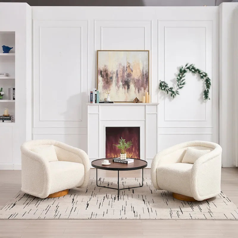 Wine Red / White Velvet Pumpkin-Shape 360° Swivel Barrel Accent Chair for 1 Person