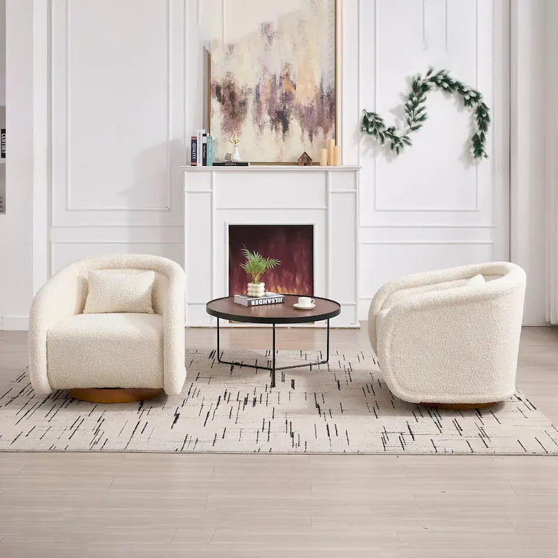 Wine Red / White Velvet Pumpkin-Shape 360° Swivel Barrel Accent Chair for 1 Person