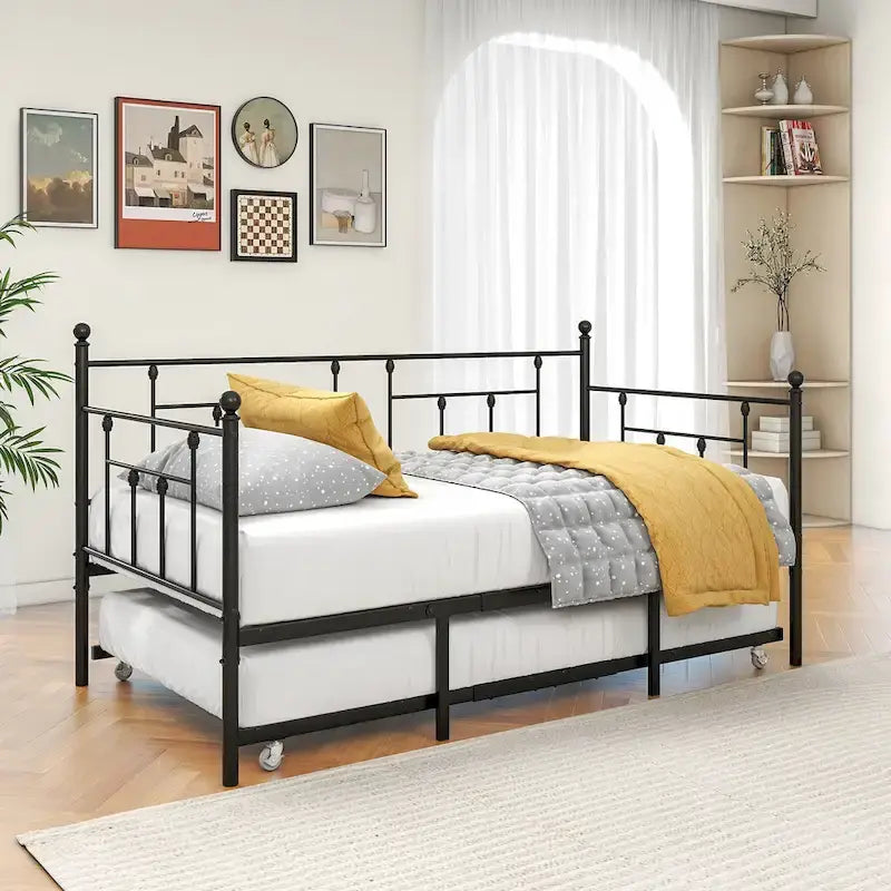 Black Metal Twin Size Daybed with Pull-Out Trundle for 1–2 Person