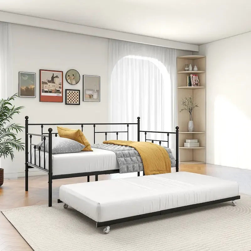 Black Metal Twin Size Daybed with Pull-Out Trundle for 1–2 Person