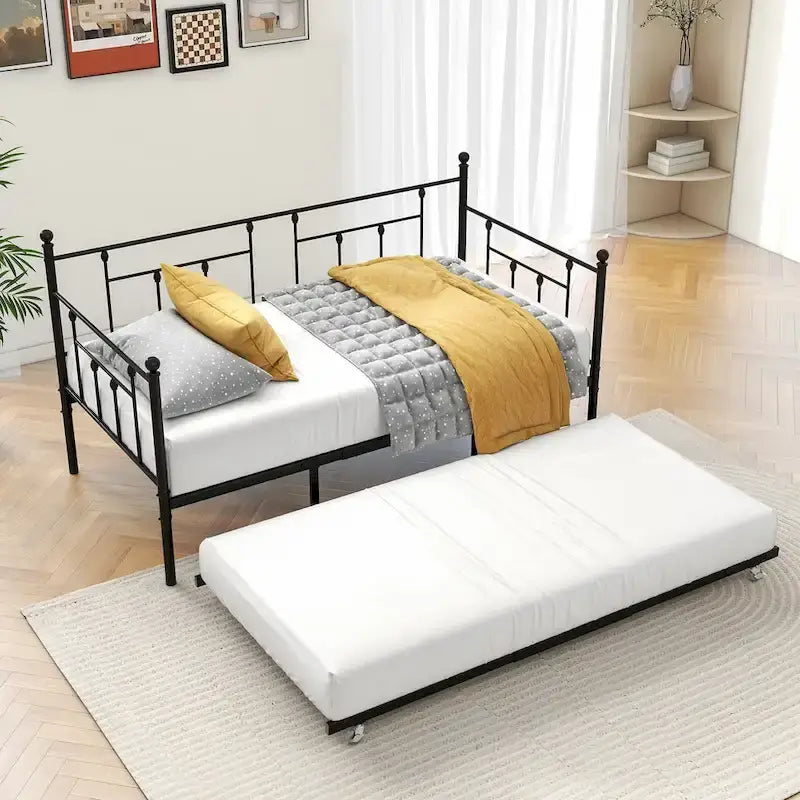 Black Metal Twin Size Daybed with Pull-Out Trundle for 1–2 Person