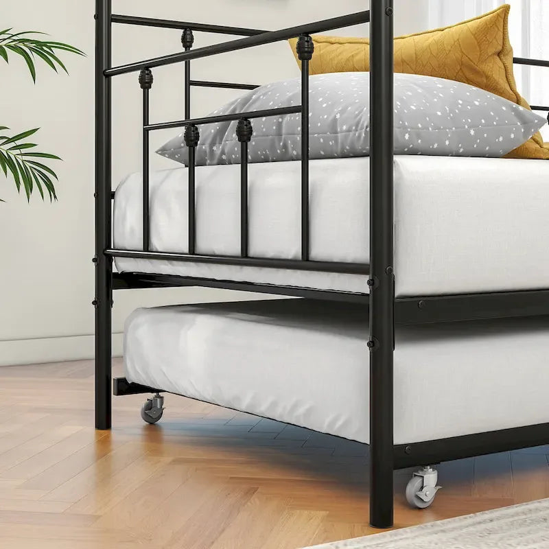 Black Metal Twin Size Daybed with Pull-Out Trundle for 1–2 Person
