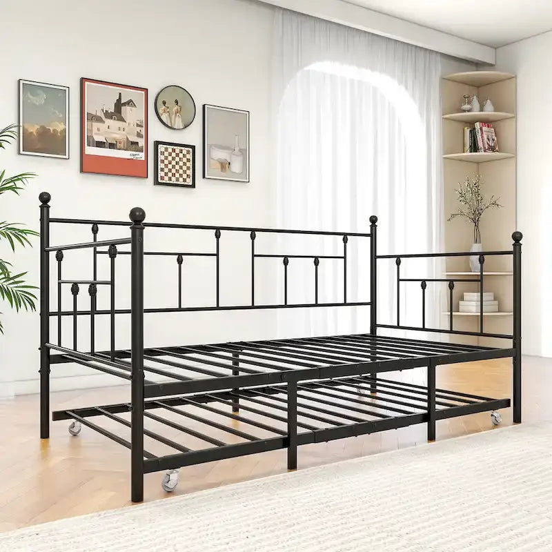 Black Metal Twin Size Daybed with Pull-Out Trundle for 1–2 Person