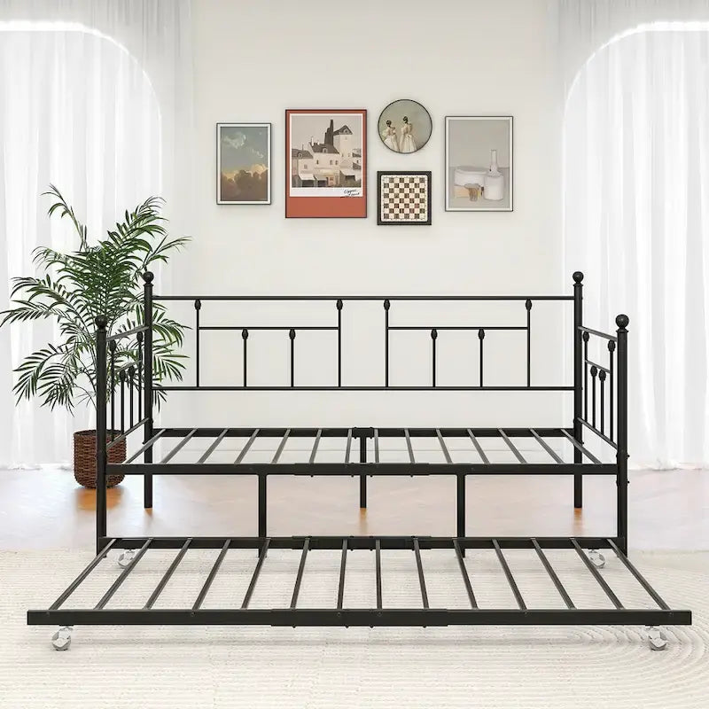Black Metal Twin Size Daybed with Pull-Out Trundle for 1–2 Person