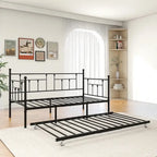 Black Metal Twin Size Daybed with Pull-Out Trundle for 1–2 Person