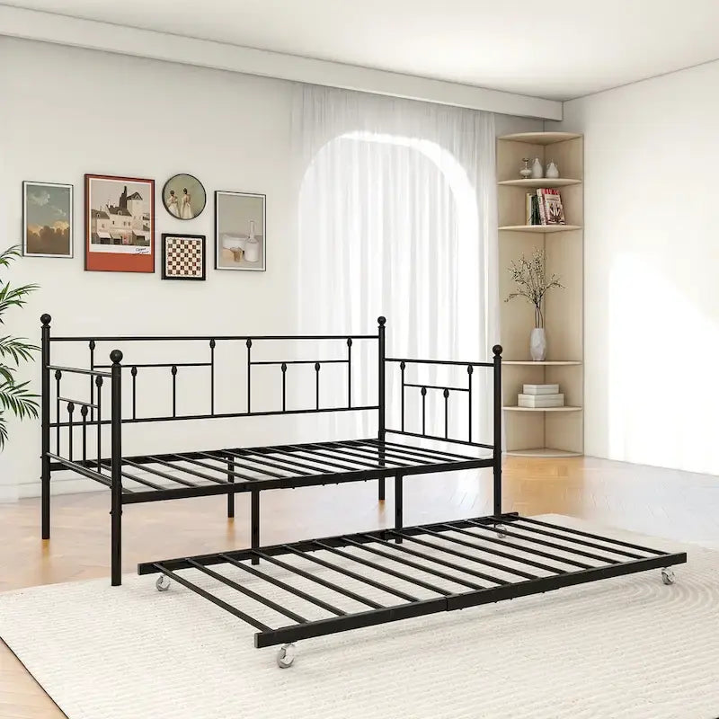 Black Metal Twin Size Daybed with Pull-Out Trundle for 1–2 Person