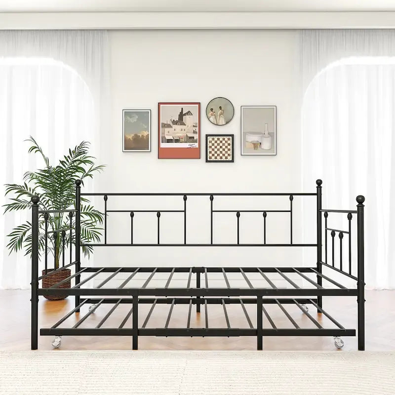 Black Metal Twin Size Daybed with Pull-Out Trundle for 1–2 Person