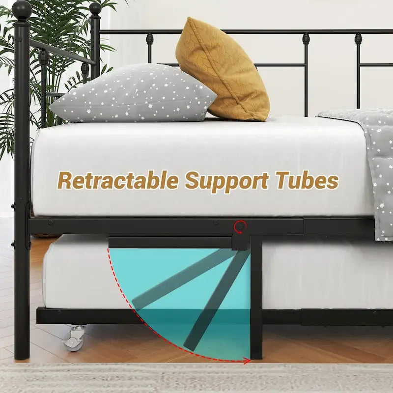 Black Metal Twin Size Daybed with Pull-Out Trundle for 1–2 Person