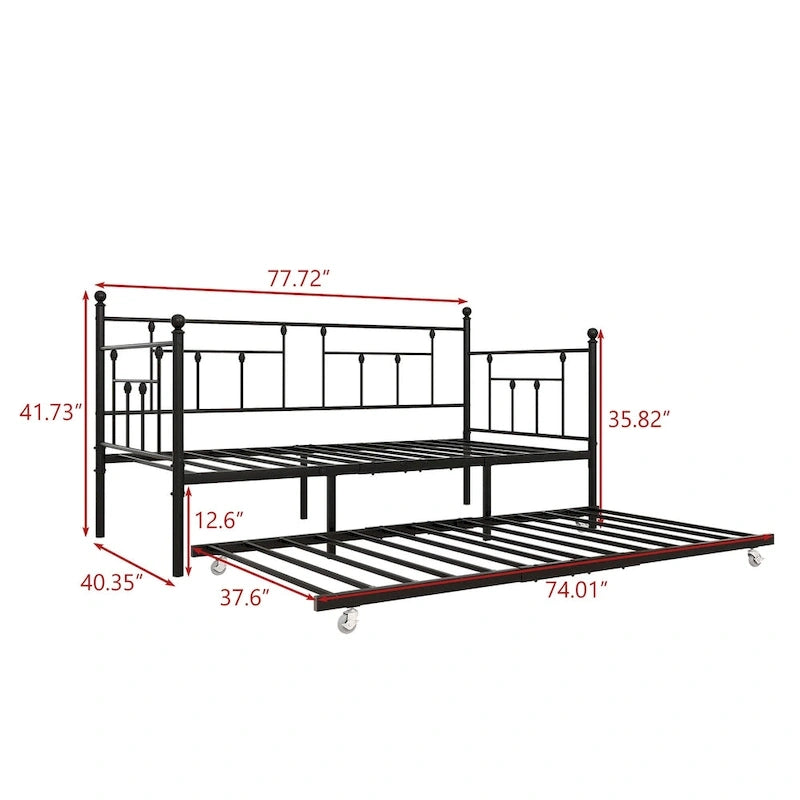 Black Metal Twin Size Daybed with Pull-Out Trundle for 1–2 Person