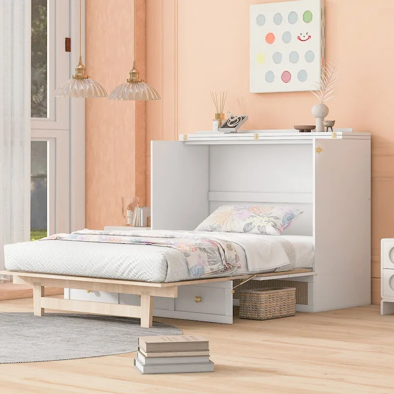 White Queen Size Murphy Bed with Storage Drawers and Rattan Panel Design for 1–2 Person