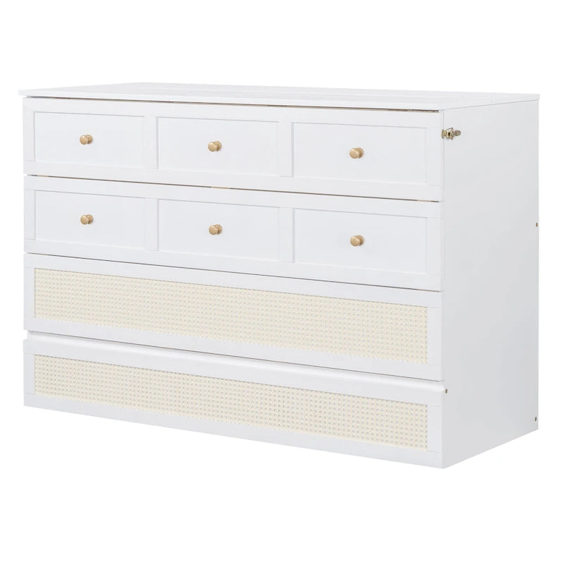 White Queen Size Murphy Bed with Storage Drawers and Rattan Panel Design for 1–2 Person