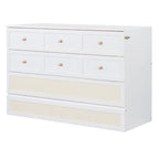White Queen Size Murphy Bed with Storage Drawers and Rattan Panel Design for 1–2 Person
