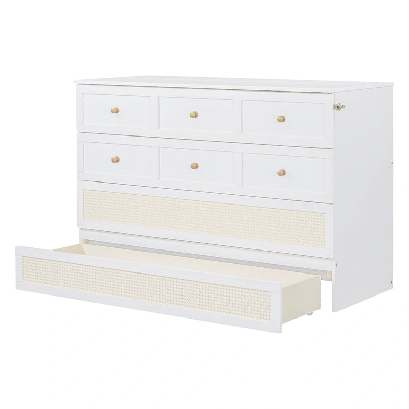 White Queen Size Murphy Bed with Storage Drawers and Rattan Panel Design for 1–2 Person