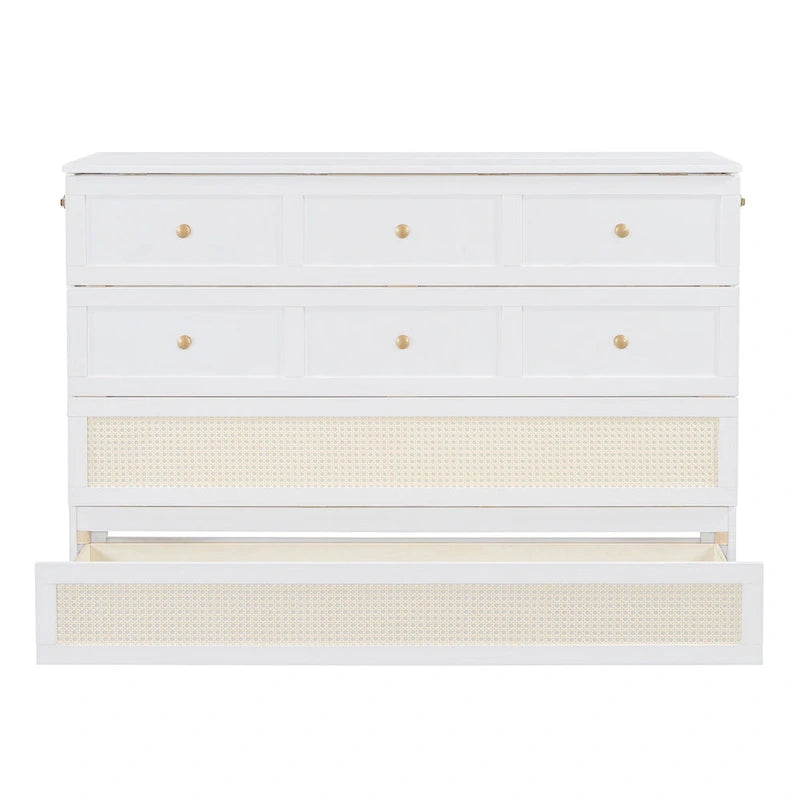 White Queen Size Murphy Bed with Storage Drawers and Rattan Panel Design for 1–2 Person