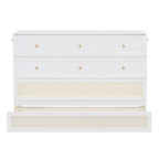 White Queen Size Murphy Bed with Storage Drawers and Rattan Panel Design for 1–2 Person