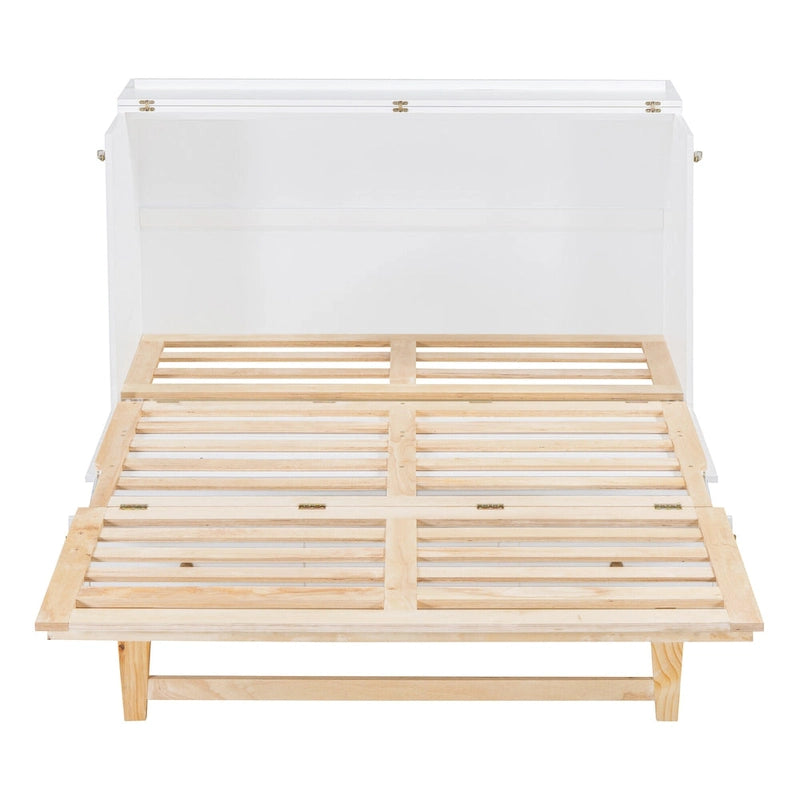 White Queen Size Murphy Bed with Storage Drawers and Rattan Panel Design for 1–2 Person