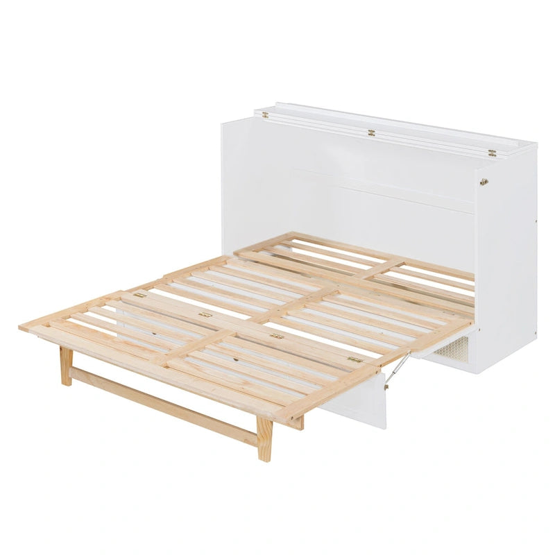 White Queen Size Murphy Bed with Storage Drawers and Rattan Panel Design for 1–2 Person