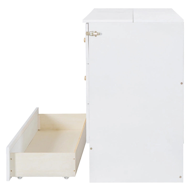 White Queen Size Murphy Bed with Storage Drawers and Rattan Panel Design for 1–2 Person