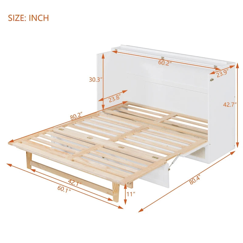 White Queen Size Murphy Bed with Storage Drawers and Rattan Panel Design for 1–2 Person