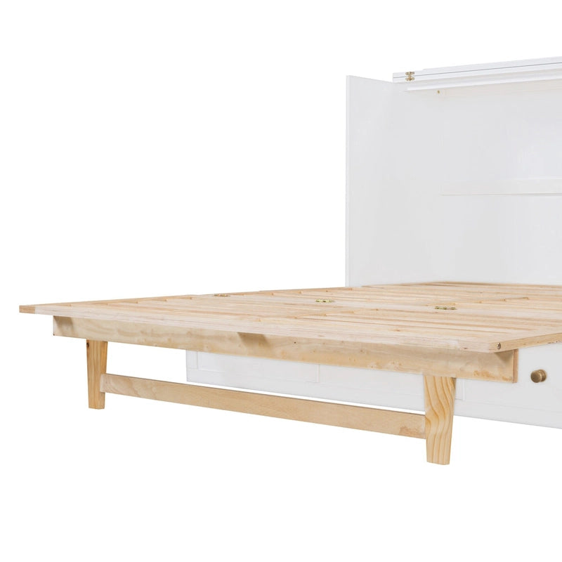 White Queen Size Murphy Bed with Storage Drawers and Rattan Panel Design for 1–2 Person