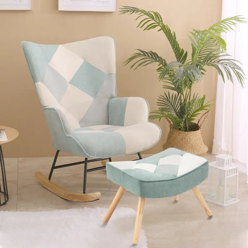 Blue Colorful Modern 35.4  High Back Upholstered Rocking Chair with Ottoman and Wood Legs for Living Room