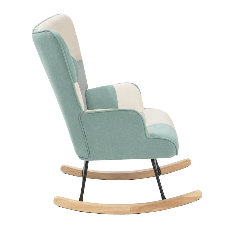 Blue Colorful High Back Upholstered Rocking Chair with Ottoman and Wood Legs for 1 Person