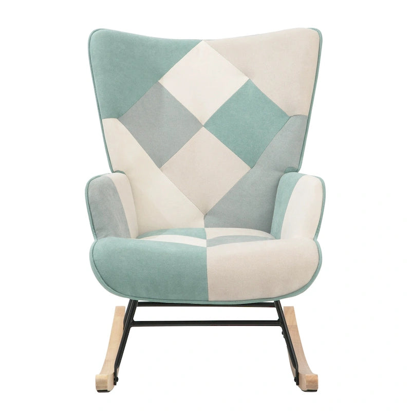 Blue Colorful High Back Upholstered Rocking Chair with Ottoman and Wood Legs for 1 Person
