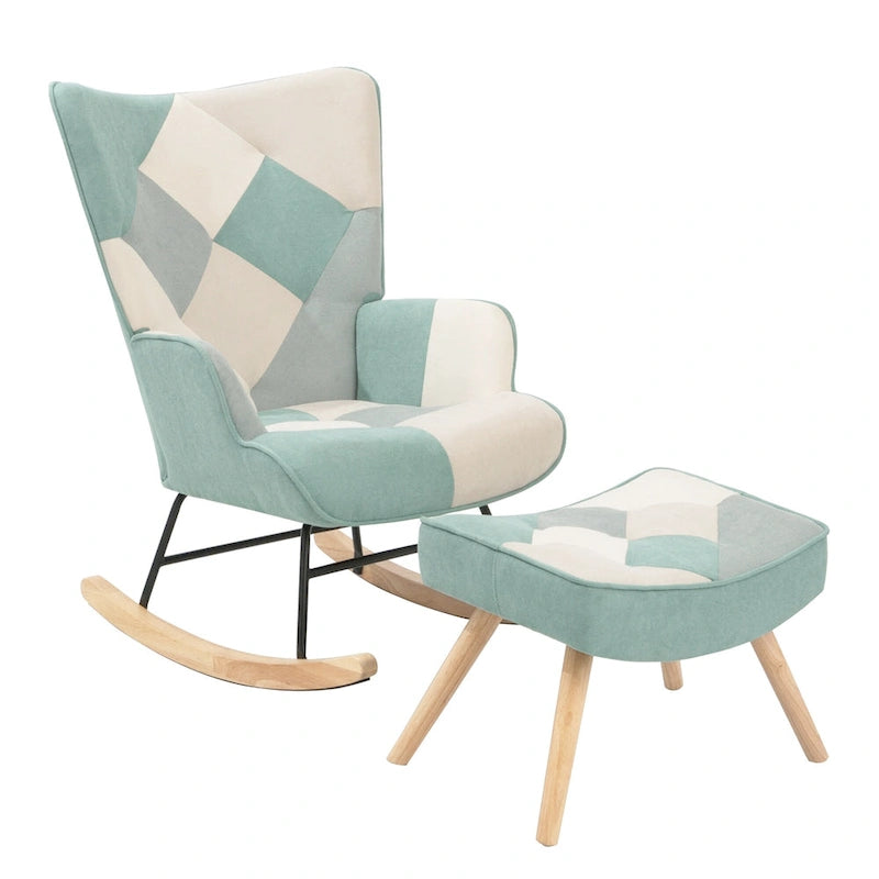 Blue Colorful High Back Upholstered Rocking Chair with Ottoman and Wood Legs for 1 Person