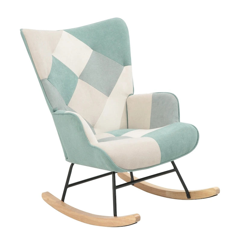 Blue Colorful High Back Upholstered Rocking Chair with Ottoman and Wood Legs for 1 Person