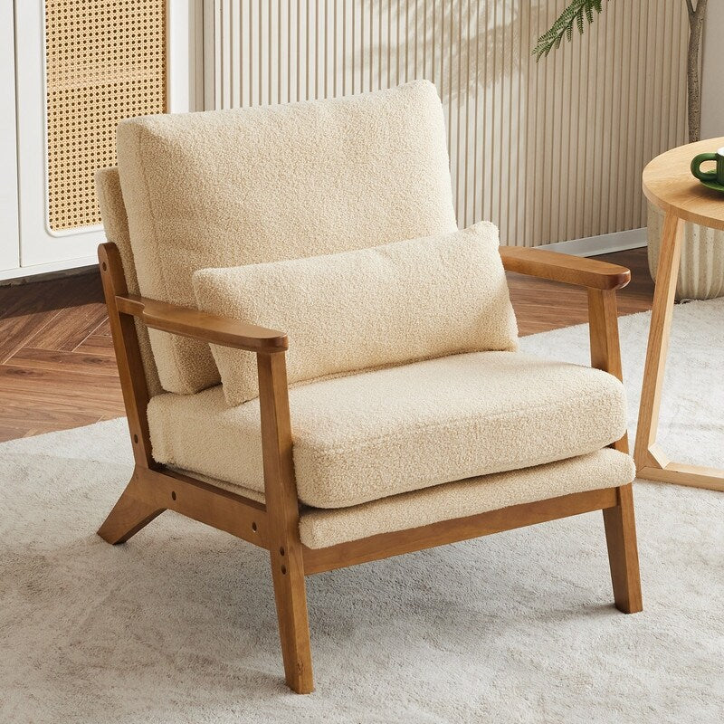 Polster-Akzentsessel aus Leinenmischgewebe mit Holzbeinen und einem Kissen, Beige