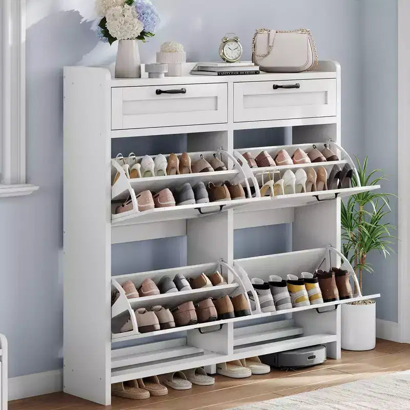 Schuhschrank mit 4 Klappfächern und 2 oberen Schubladen, Schuh-Organizer-Schrank aus Holz mit verstellbarem Regal, freistehende Schuhaufbewahrungsschränke