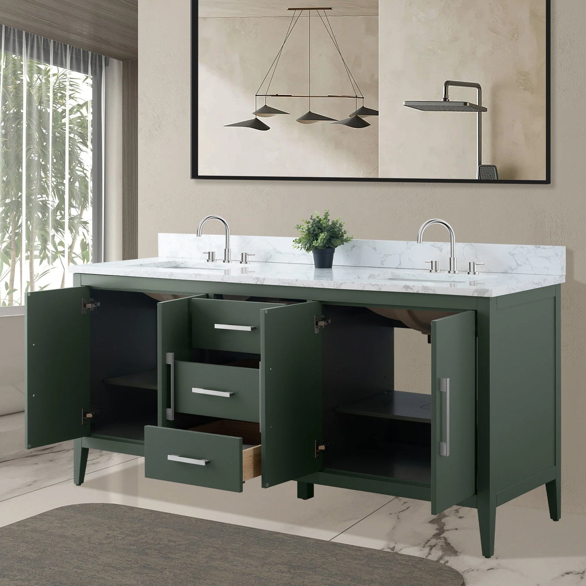 Vanity Art 72 Zoll Badezimmer-Waschtischunterschrank mit Doppelwaschbecken und Kunstmarmorplatte